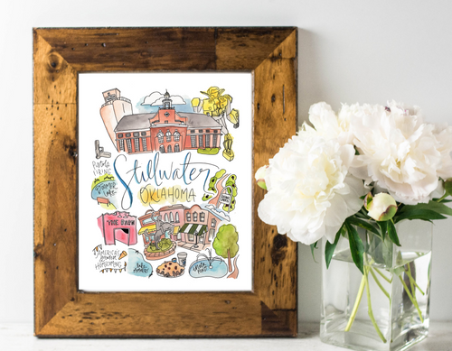 Stillwater, Oklahoma Art Print | OK Watercolor Art Print | Graduation Rush Sorority Artwork Gift