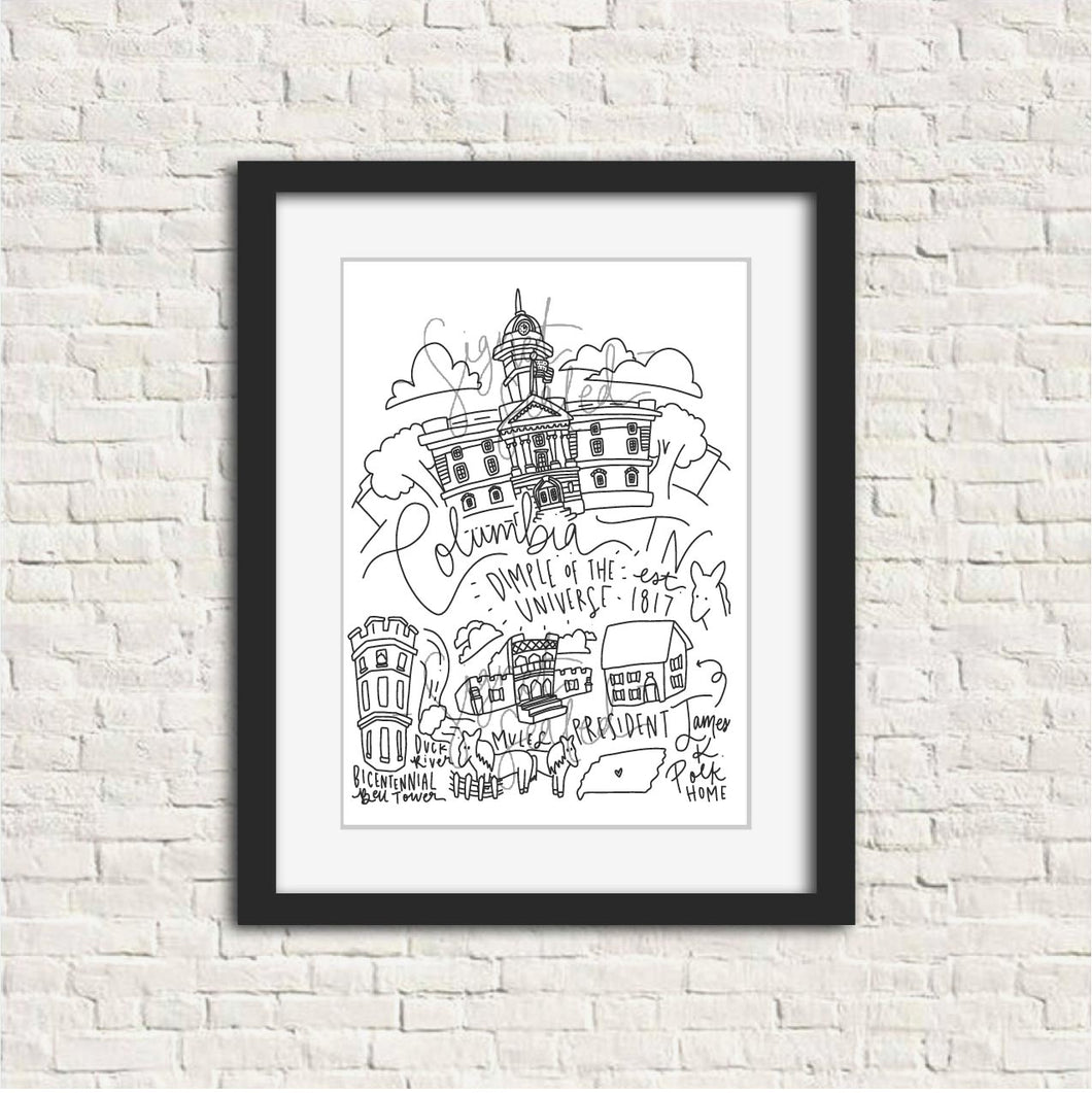 Columbia TENNESSEE Black and White Digital Download Art Print